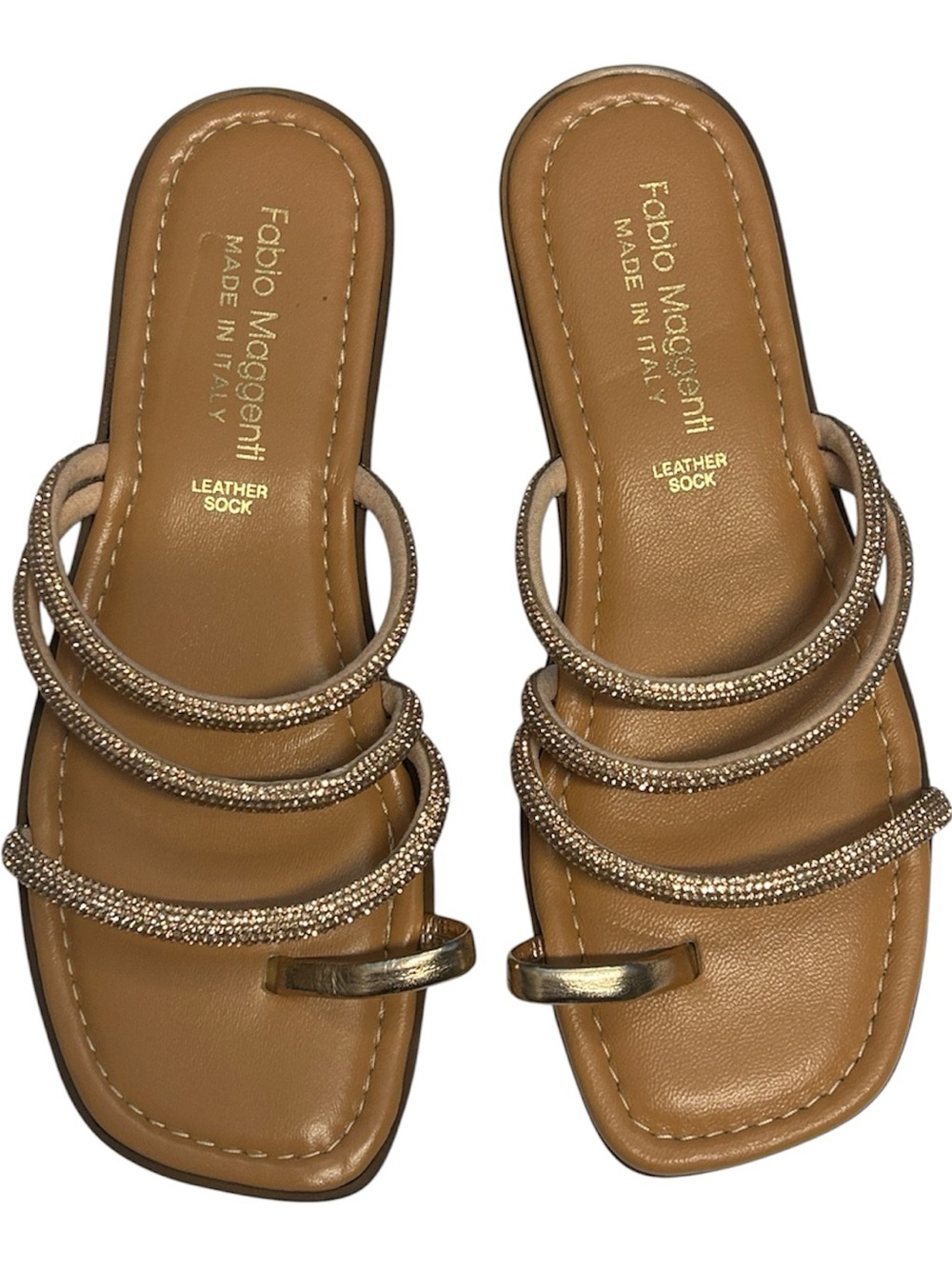 Fabio Maggenti Italy 7.5 Rhinestone Strappy Toe Ring Slide Sandals Bronze Gold